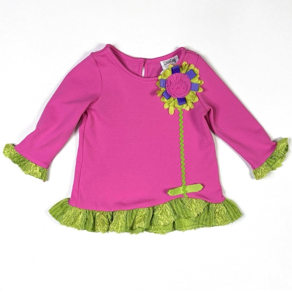 Counting Daisies Dress 18M Pink Flower Ruffle Long Sleeve Baby Toddler